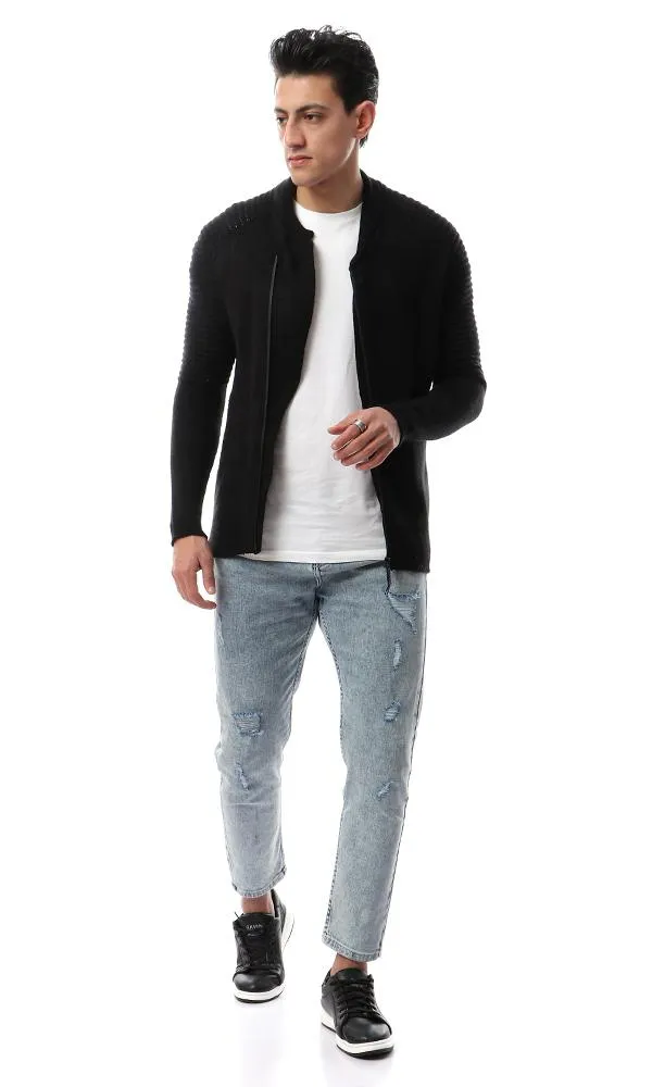 55047 Knitted Front Zipper Black Sweater
