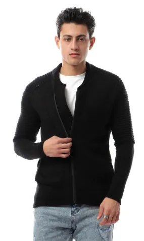 55047 Knitted Front Zipper Black Sweater