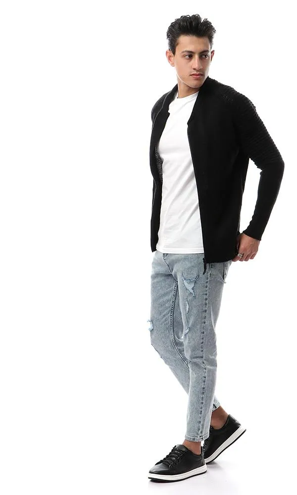 55047 Knitted Front Zipper Black Sweater