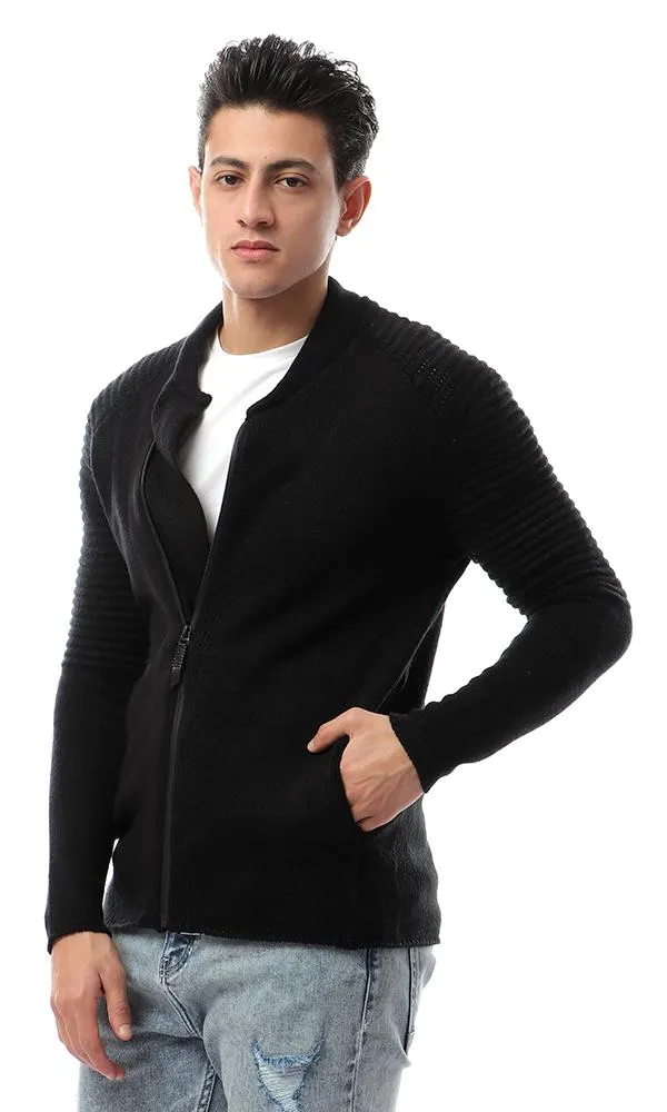 55047 Knitted Front Zipper Black Sweater