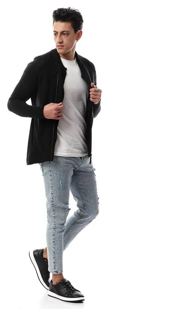 55047 Knitted Front Zipper Black Sweater