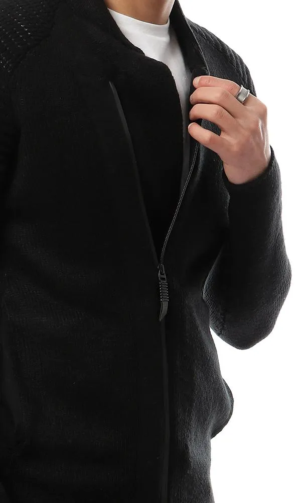 55047 Knitted Front Zipper Black Sweater