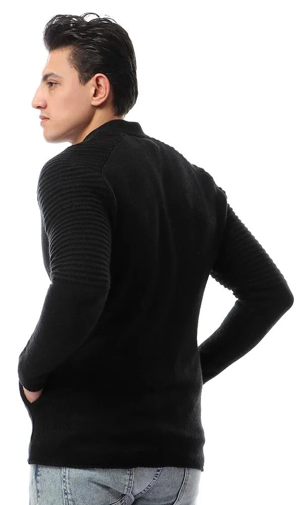 55047 Knitted Front Zipper Black Sweater