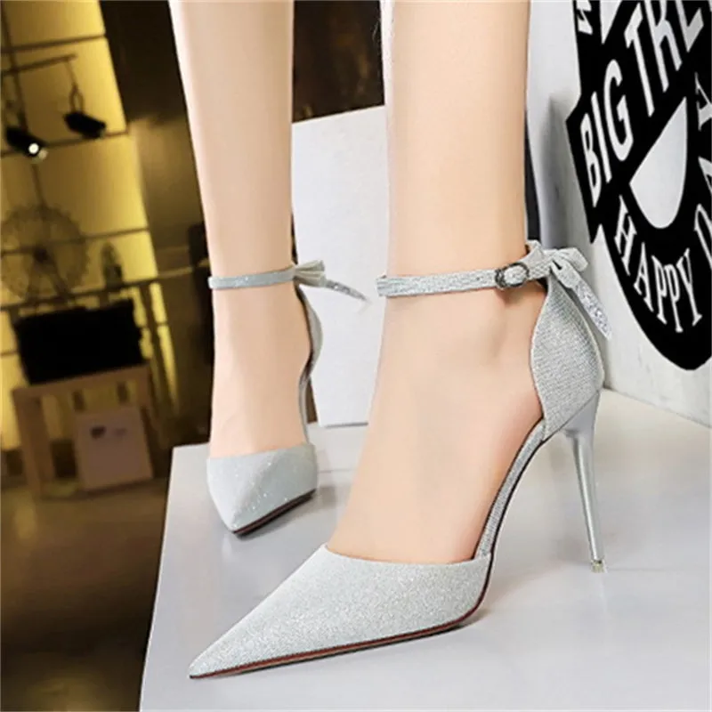 Back bow tie pointed toe stiletto high heels sandals summer fashion party dressy heels