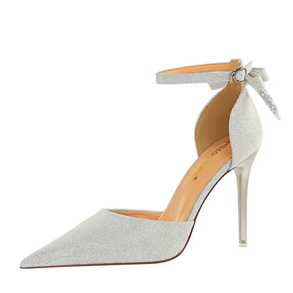 Back bow tie pointed toe stiletto high heels sandals summer fashion party dressy heels
