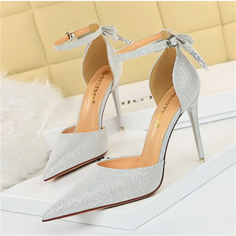 Back bow tie pointed toe stiletto high heels sandals summer fashion party dressy heels