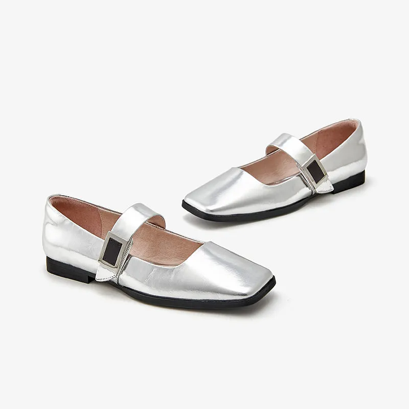 BeauToday Womens Handmade Leather Soft Ballet Flat with Square Toe in Silver