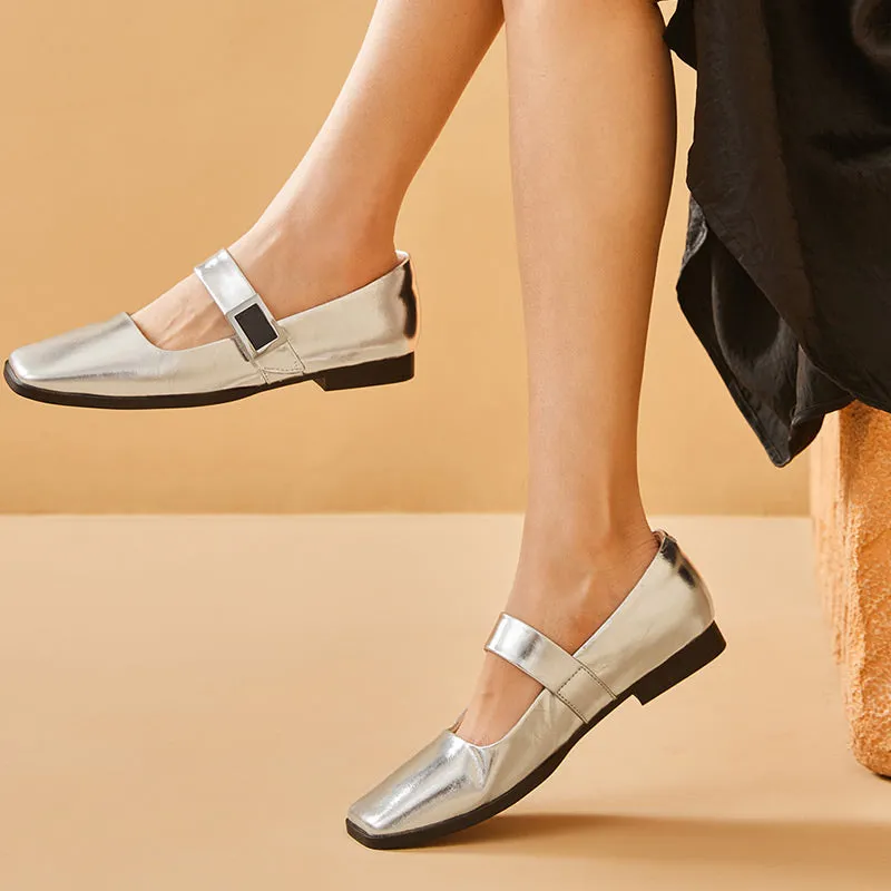 BeauToday Womens Handmade Leather Soft Ballet Flat with Square Toe in Silver