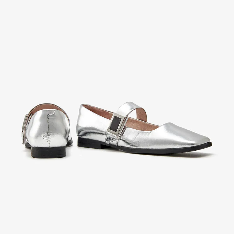 BeauToday Womens Handmade Leather Soft Ballet Flat with Square Toe in Silver