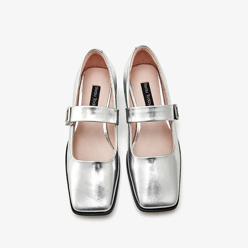 BeauToday Womens Handmade Leather Soft Ballet Flat with Square Toe in Silver
