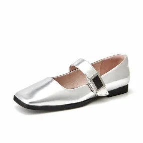 BeauToday Womens Handmade Leather Soft Ballet Flat with Square Toe in Silver