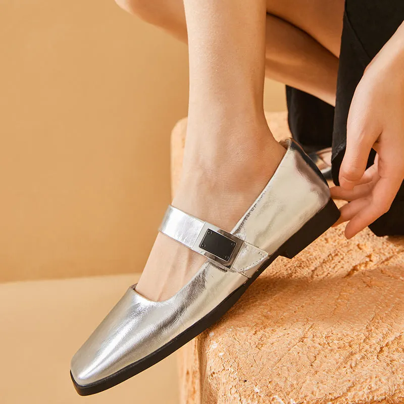 BeauToday Womens Handmade Leather Soft Ballet Flat with Square Toe in Silver