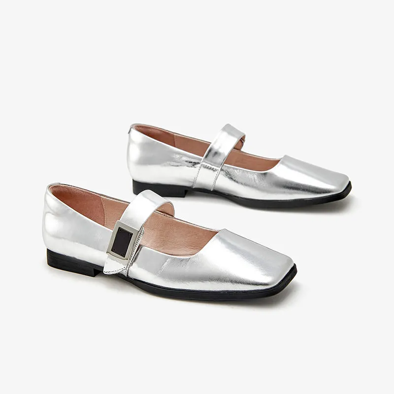 BeauToday Womens Handmade Leather Soft Ballet Flat with Square Toe in Silver