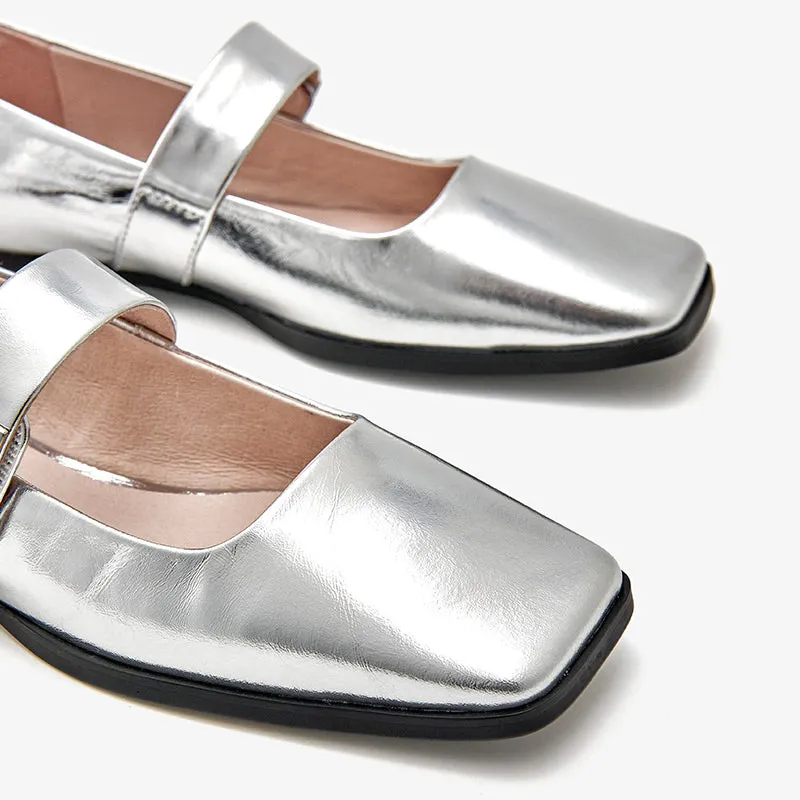 BeauToday Womens Handmade Leather Soft Ballet Flat with Square Toe in Silver