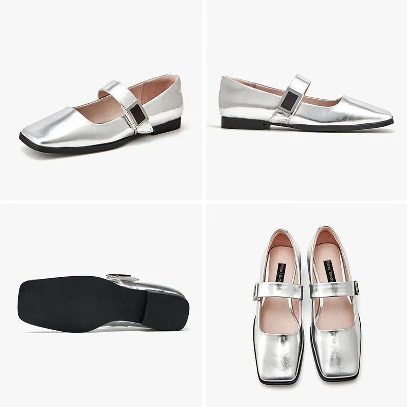 BeauToday Womens Handmade Leather Soft Ballet Flat with Square Toe in Silver