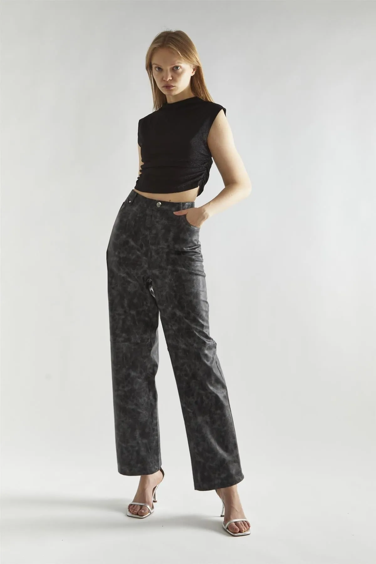 Black Marble PU Wide-Leg High-Waist-Trousers