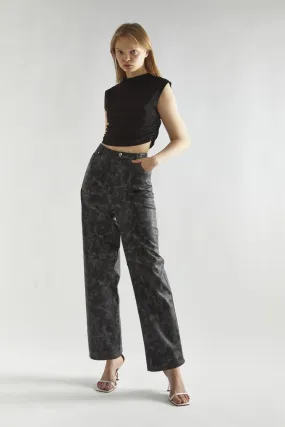 Black Marble PU Wide-Leg High-Waist-Trousers