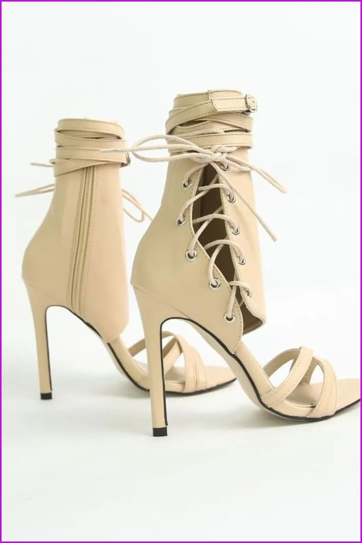 Black/Beige Sweet Laced PU High Heel Sandals F083