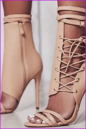 Black/Beige Sweet Laced PU High Heel Sandals F083