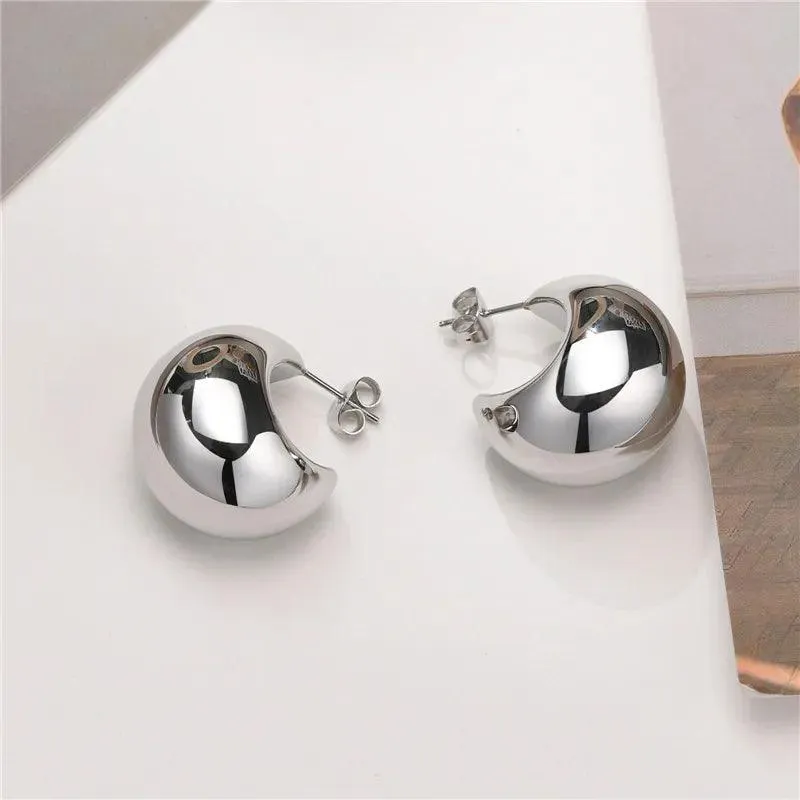 Chunky Dome Gold Teardrop Earrings: Vintage Stainless Steel Hoops