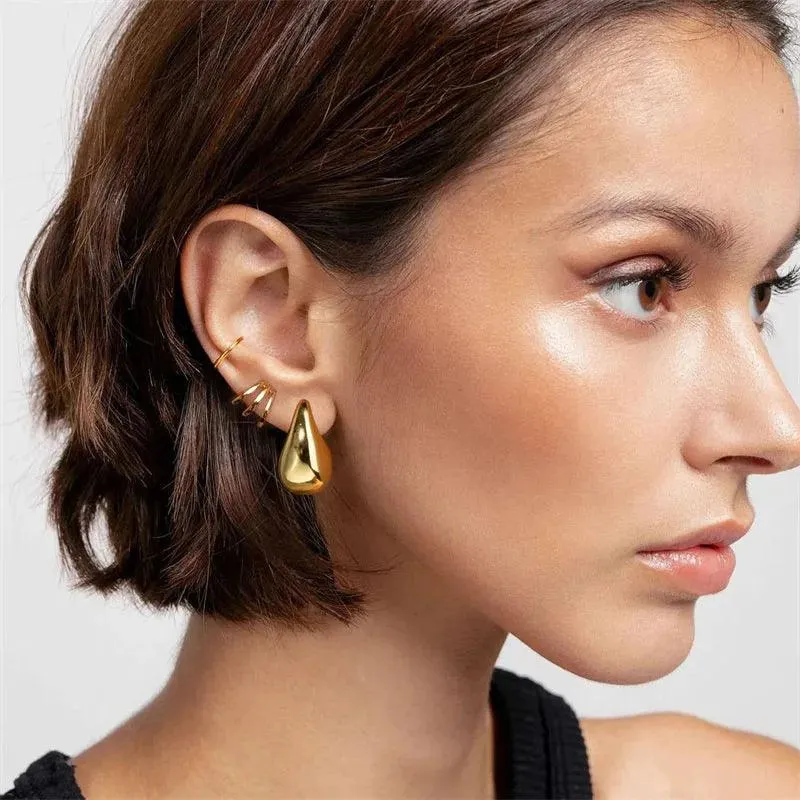 Chunky Dome Gold Teardrop Earrings: Vintage Stainless Steel Hoops