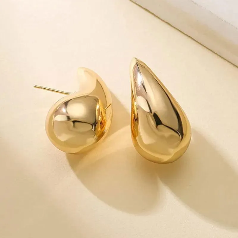 Chunky Dome Gold Teardrop Earrings: Vintage Stainless Steel Hoops