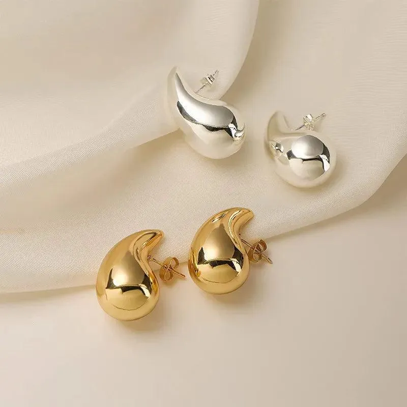 Chunky Dome Gold Teardrop Earrings: Vintage Stainless Steel Hoops
