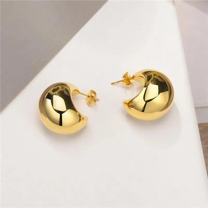 Chunky Dome Gold Teardrop Earrings: Vintage Stainless Steel Hoops