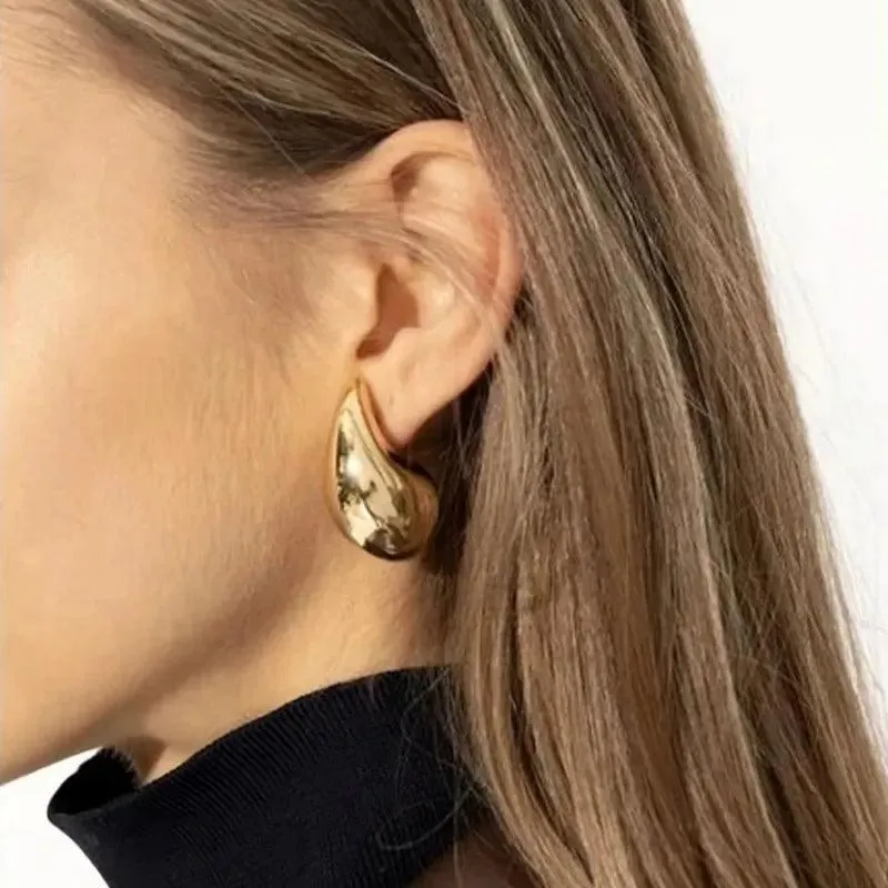 Chunky Dome Gold Teardrop Earrings: Vintage Stainless Steel Hoops