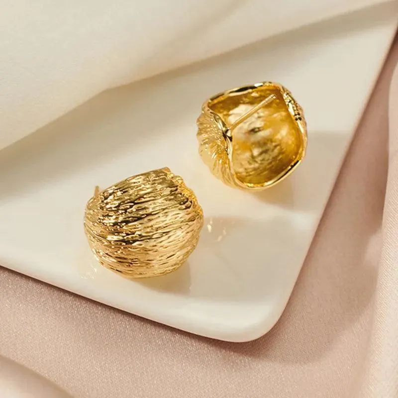 Chunky Dome Gold Teardrop Earrings: Vintage Stainless Steel Hoops