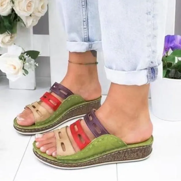Color block slip on wide width wedge slides