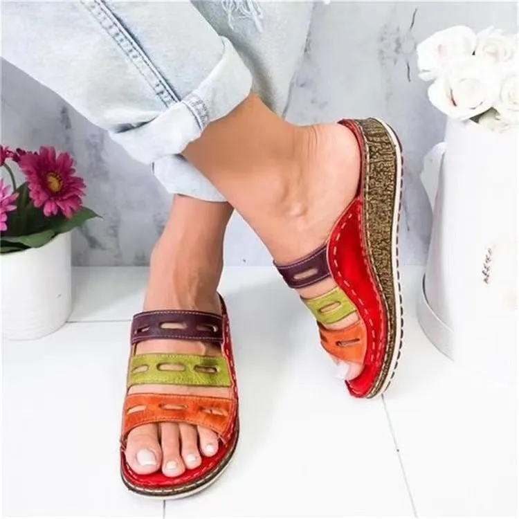 Color block slip on wide width wedge slides