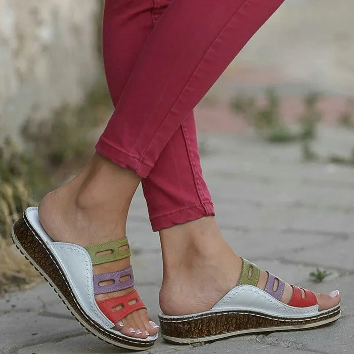 Color block slip on wide width wedge slides