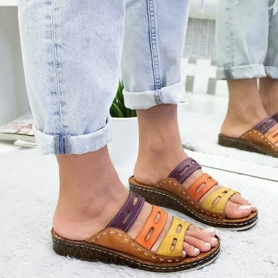 Color block slip on wide width wedge slides