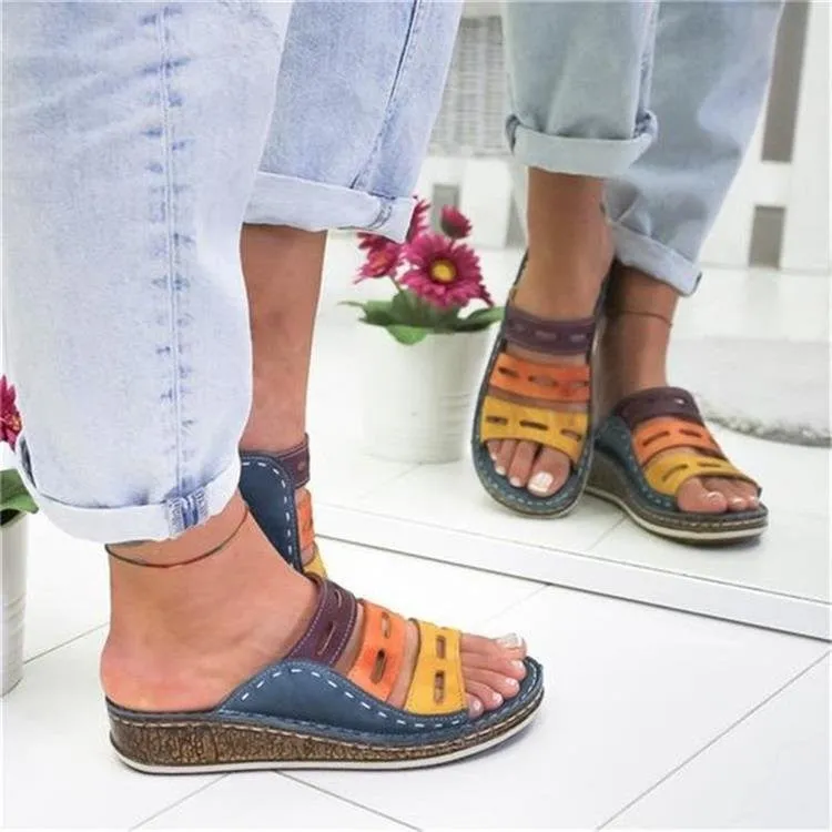 Color block slip on wide width wedge slides