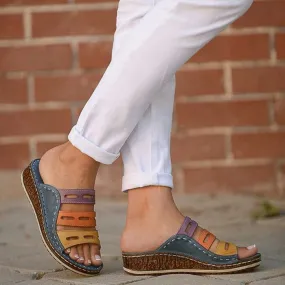 Color block slip on wide width wedge slides