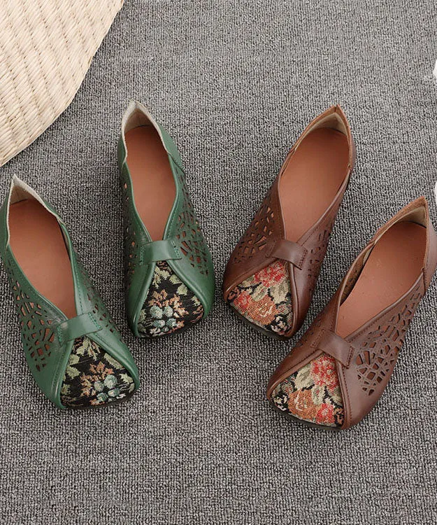 Green Hollow Out Cowhide Leather Flat Shoes For Women Splicing Flats LC0517