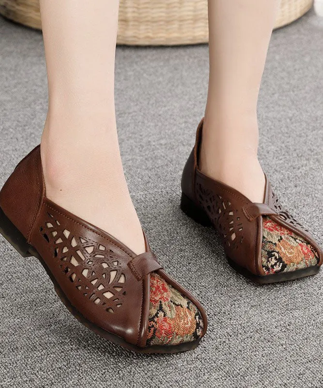 Green Hollow Out Cowhide Leather Flat Shoes For Women Splicing Flats LC0517