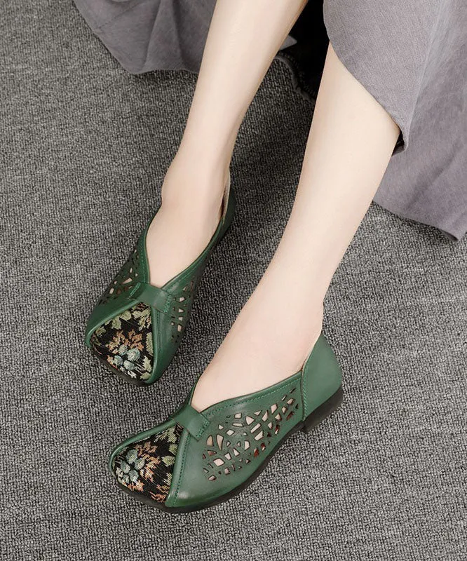 Green Hollow Out Cowhide Leather Flat Shoes For Women Splicing Flats LC0517