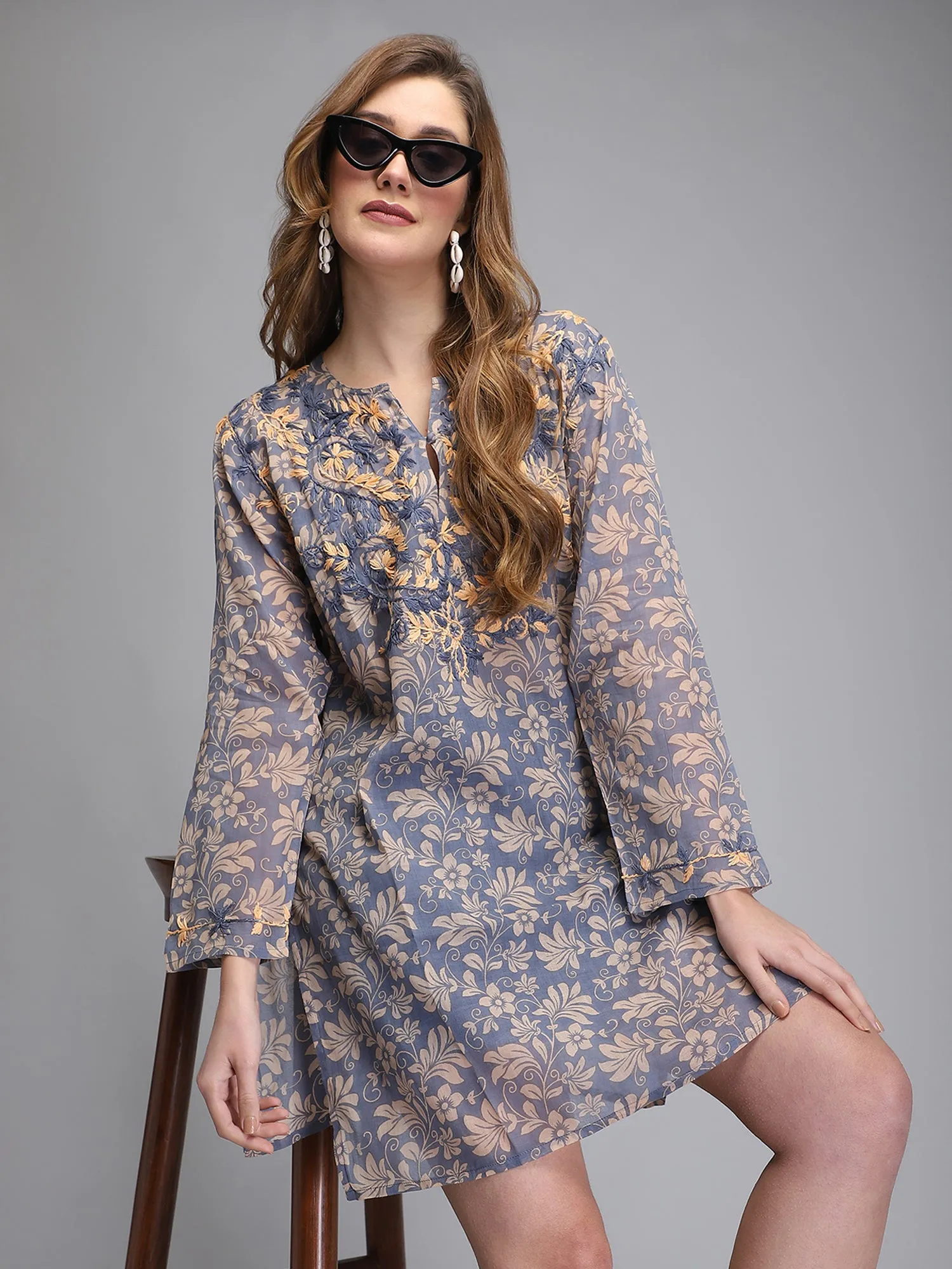 Grey hand embroidered cotton tunic