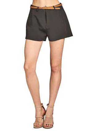 Khanomak Solid Mid Waist Front Slit Hem With Belt Short