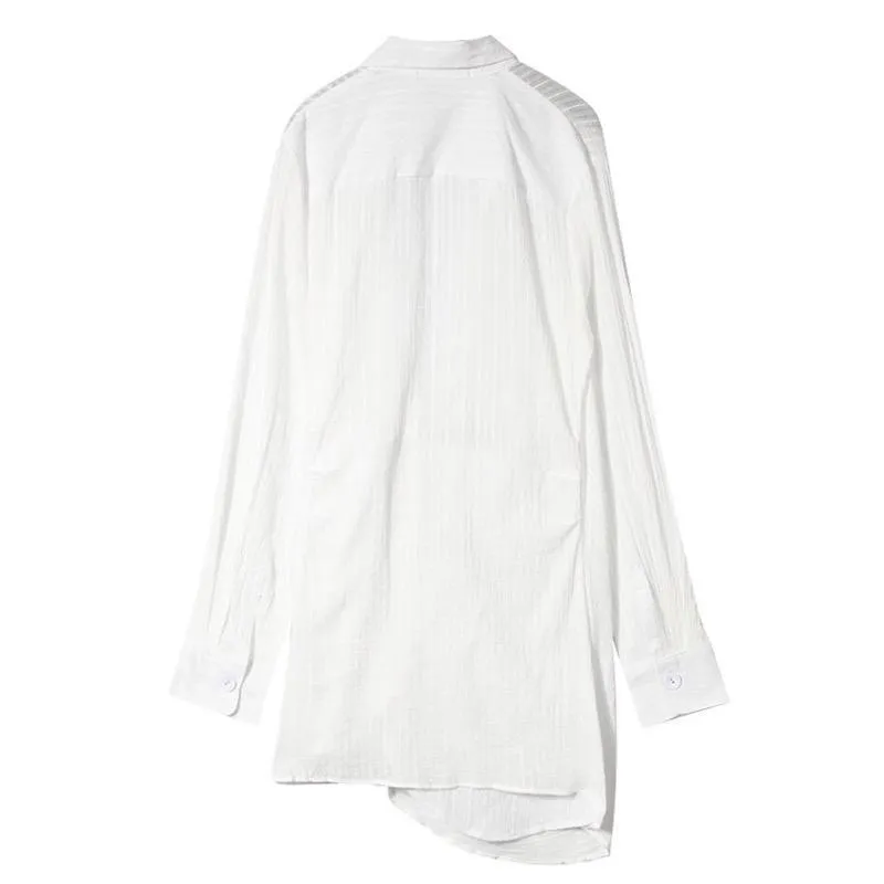 Knotted Design Cotton Embroidered Long-sleeved Shirt Dress
