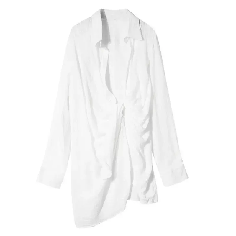 Knotted Design Cotton Embroidered Long-sleeved Shirt Dress