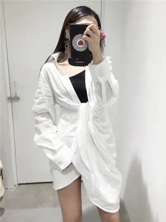 Knotted Design Cotton Embroidered Long-sleeved Shirt Dress