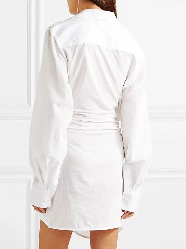 Knotted Design Cotton Embroidered Long-sleeved Shirt Dress