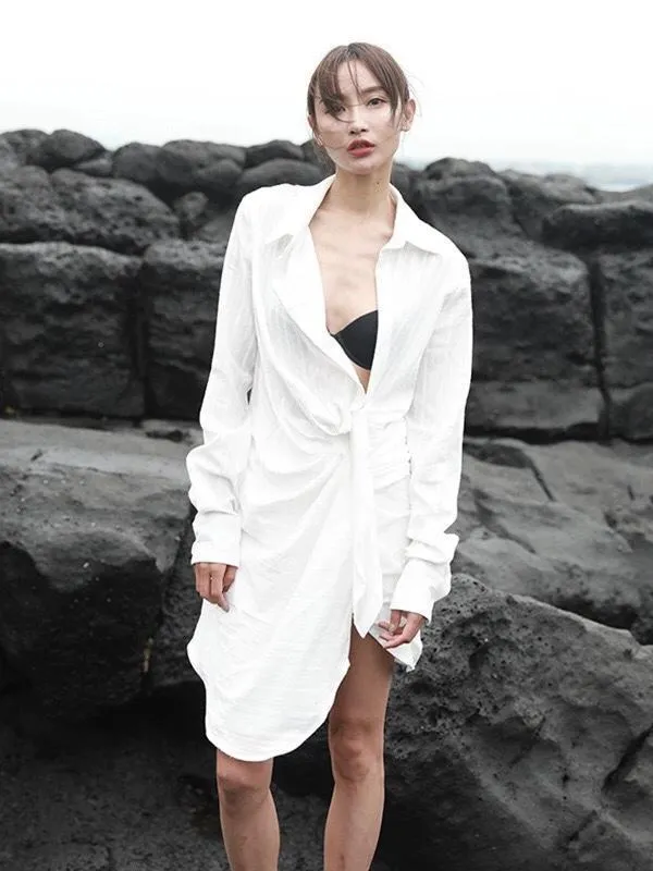 Knotted Design Cotton Embroidered Long-sleeved Shirt Dress