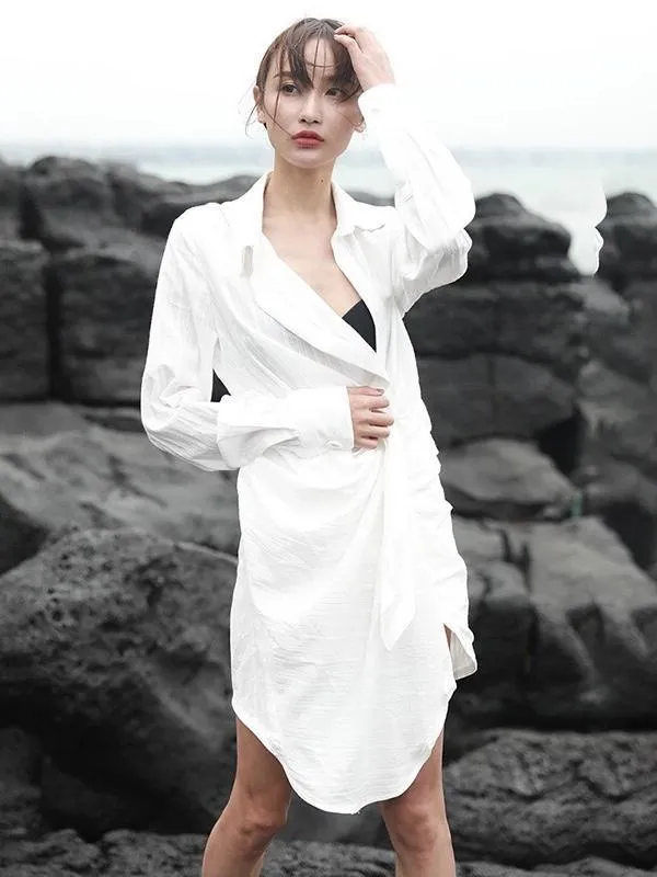 Knotted Design Cotton Embroidered Long-sleeved Shirt Dress