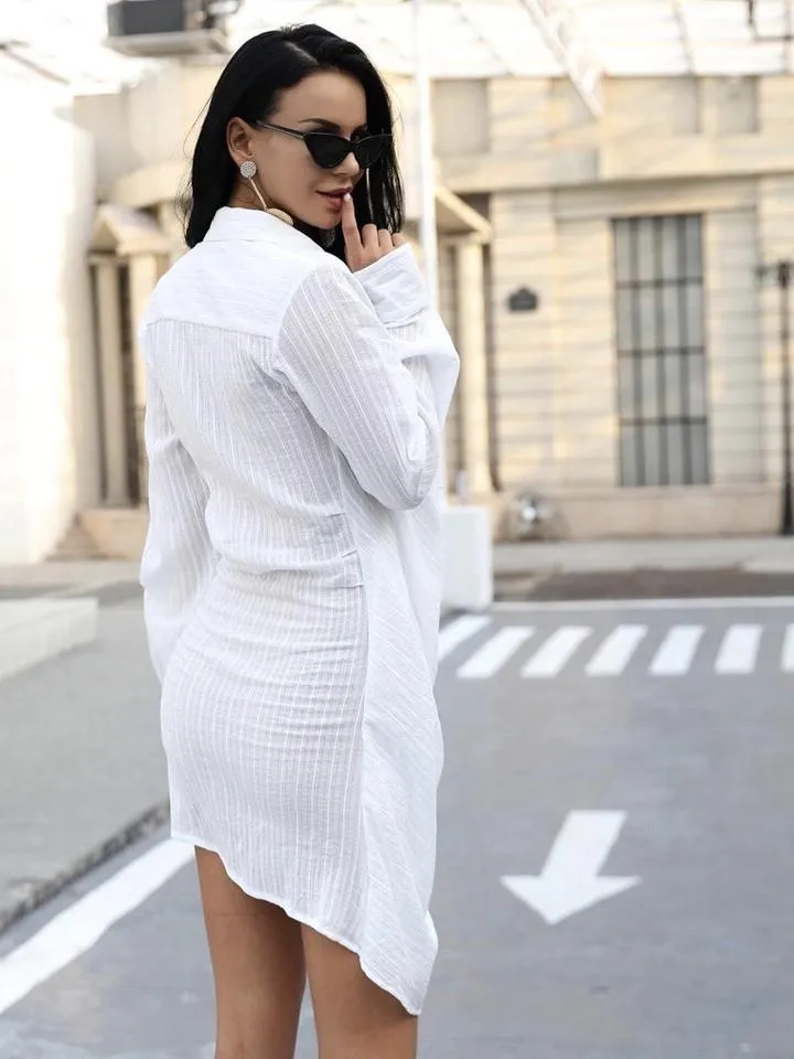 Knotted Design Cotton Embroidered Long-sleeved Shirt Dress