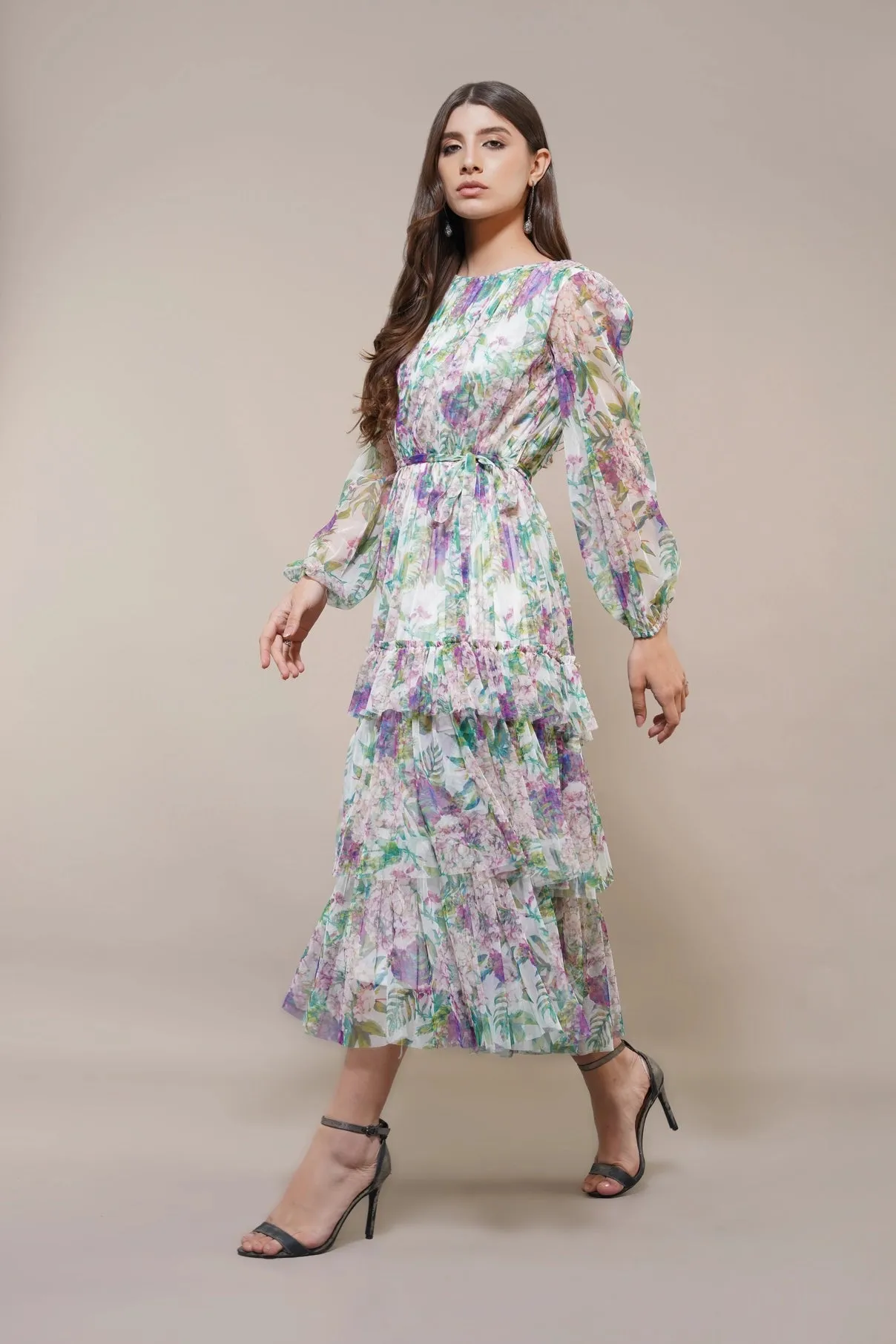 Lace & Beads Rebecca Green And Purple Floral Midi Dress