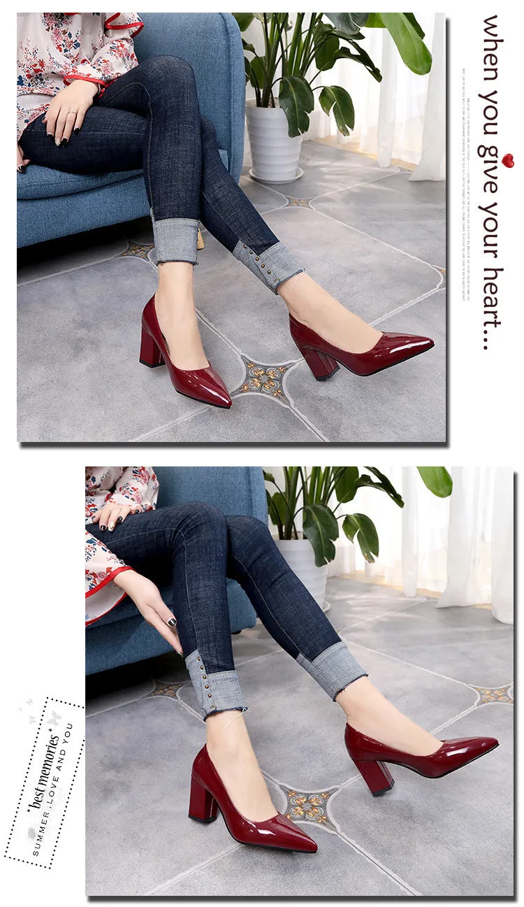 PU patent leather pointed toe chunky block heels pumps office work high heels